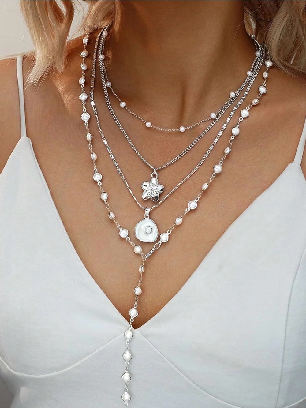 Layered Silver Pearl Necklace Set - White Pearls